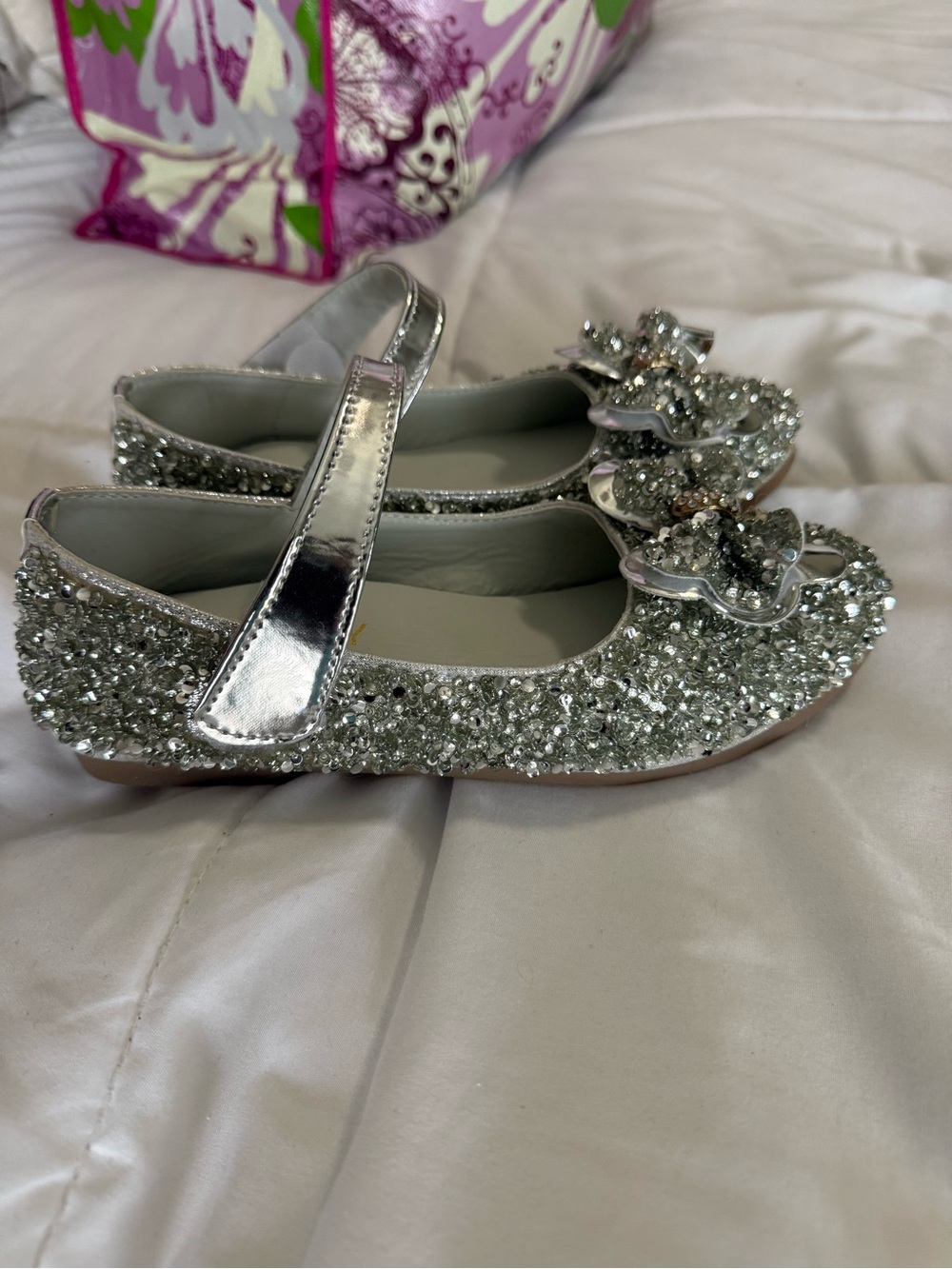 Silver Glitter Mary Jane Shoes for Kids with Bow Accent